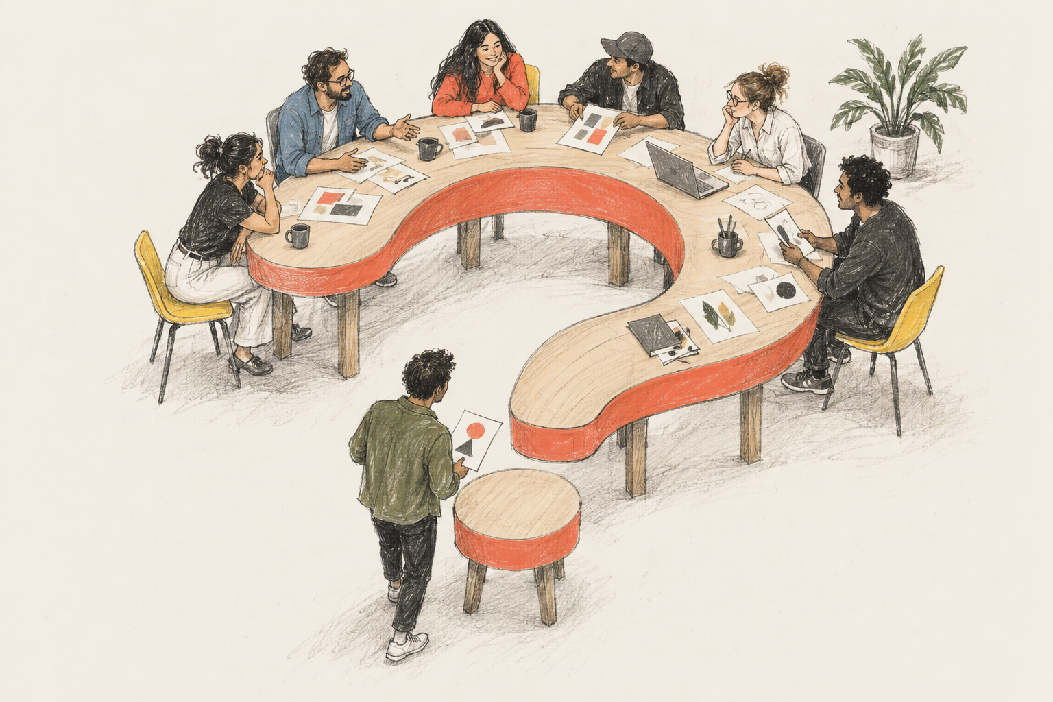 Personas compartiendo ideas alrededor de una mesa de madera en forma de signo de interrogación, ilustrada a lápiz con detalles coral y amarillo.